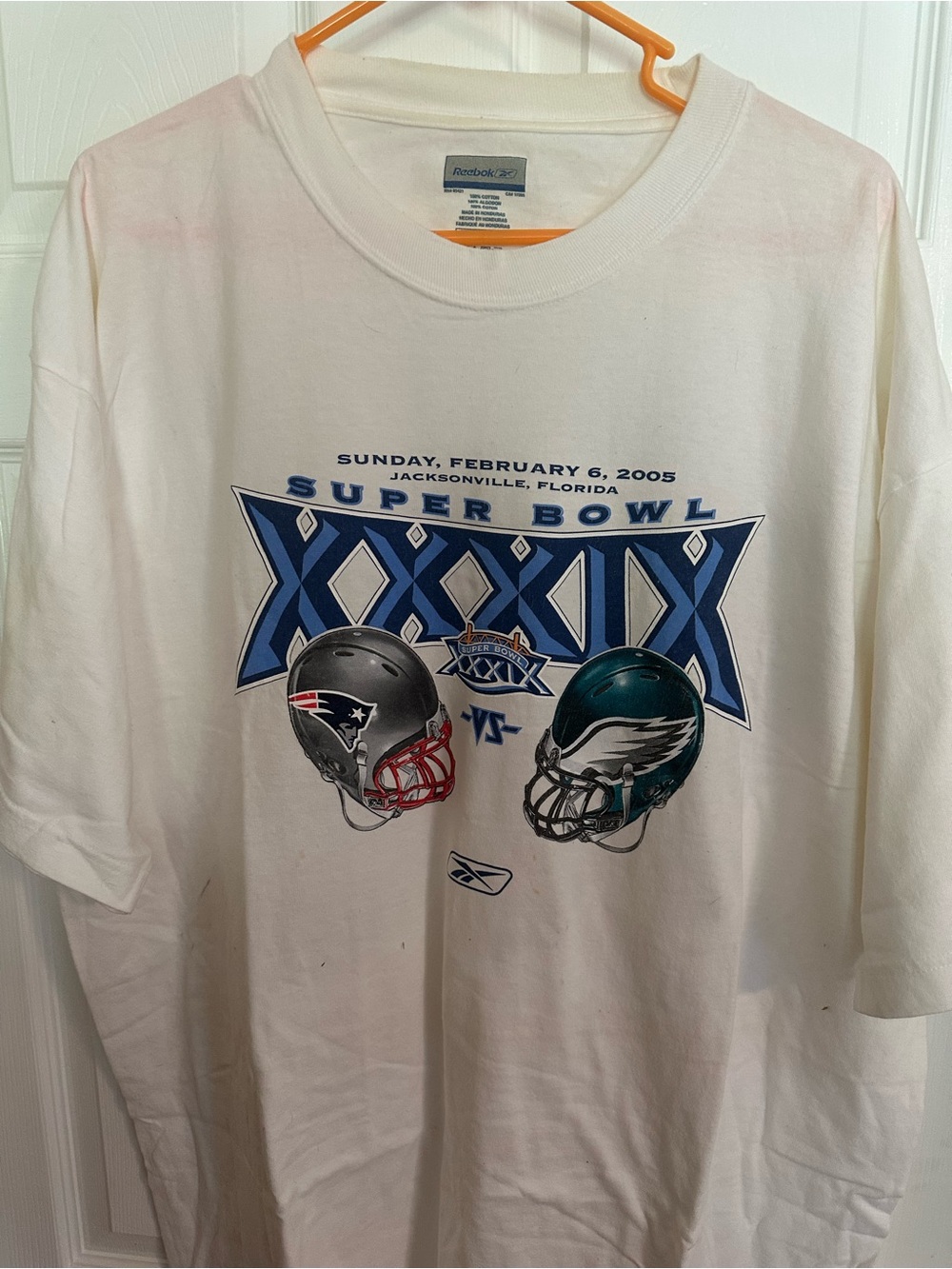 Reebok White Short-Sleeve Super Bowl XXXIX Graphic Tee with Blue Accents